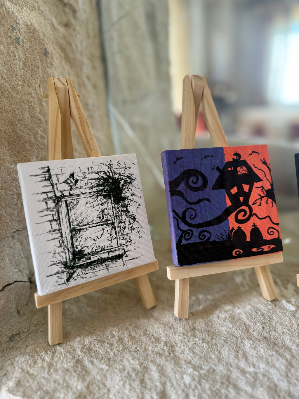 Witch’s Window | Original Mini Pen Painting – 10 × 10 cm Canvas with Wooden Easel (One-of-a-Kind Artwork)