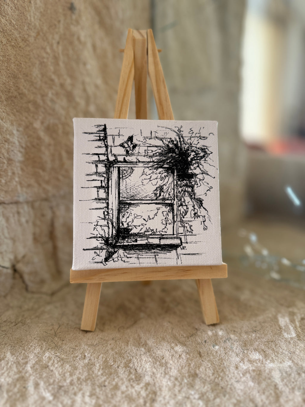 Witch’s Window | Original Mini Pen Painting – 10 × 10 cm Canvas with Wooden Easel (One-of-a-Kind Artwork)