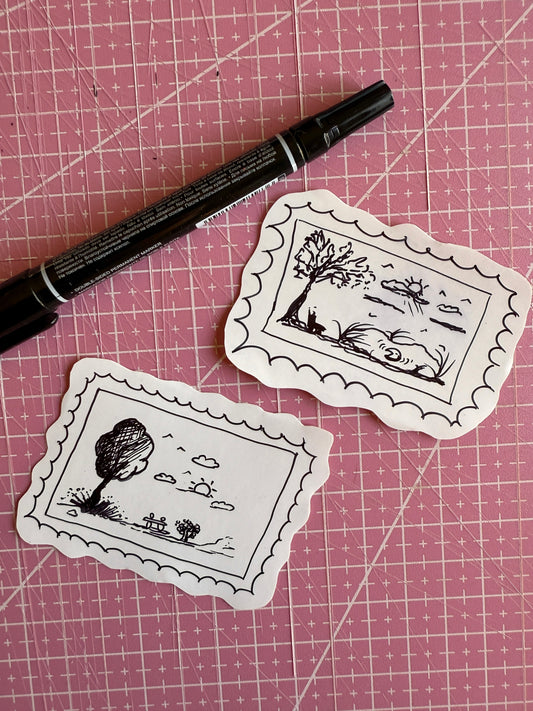 Set of 2 Handmade Postcard Stamps Stickers