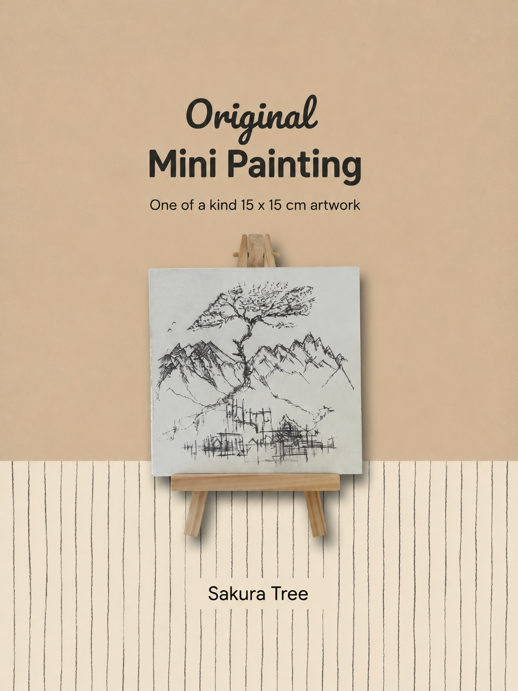 Sakura Tree | Original Mini Pen Painting – 15 × 15 cm Canvas with Wooden Easel (One-of-a-Kind Artwork)