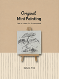Sakura Tree | Original Mini Pen Painting – 15 × 15 cm Canvas with Wooden Easel (One-of-a-Kind Artwork)