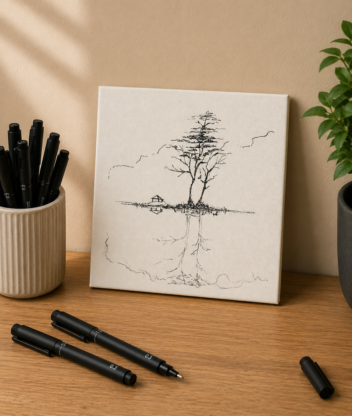 Minimal Island | Original Mini Pen Painting – 15 × 15 cm Canvas with Wooden Easel (One-of-a-Kind Artwork)