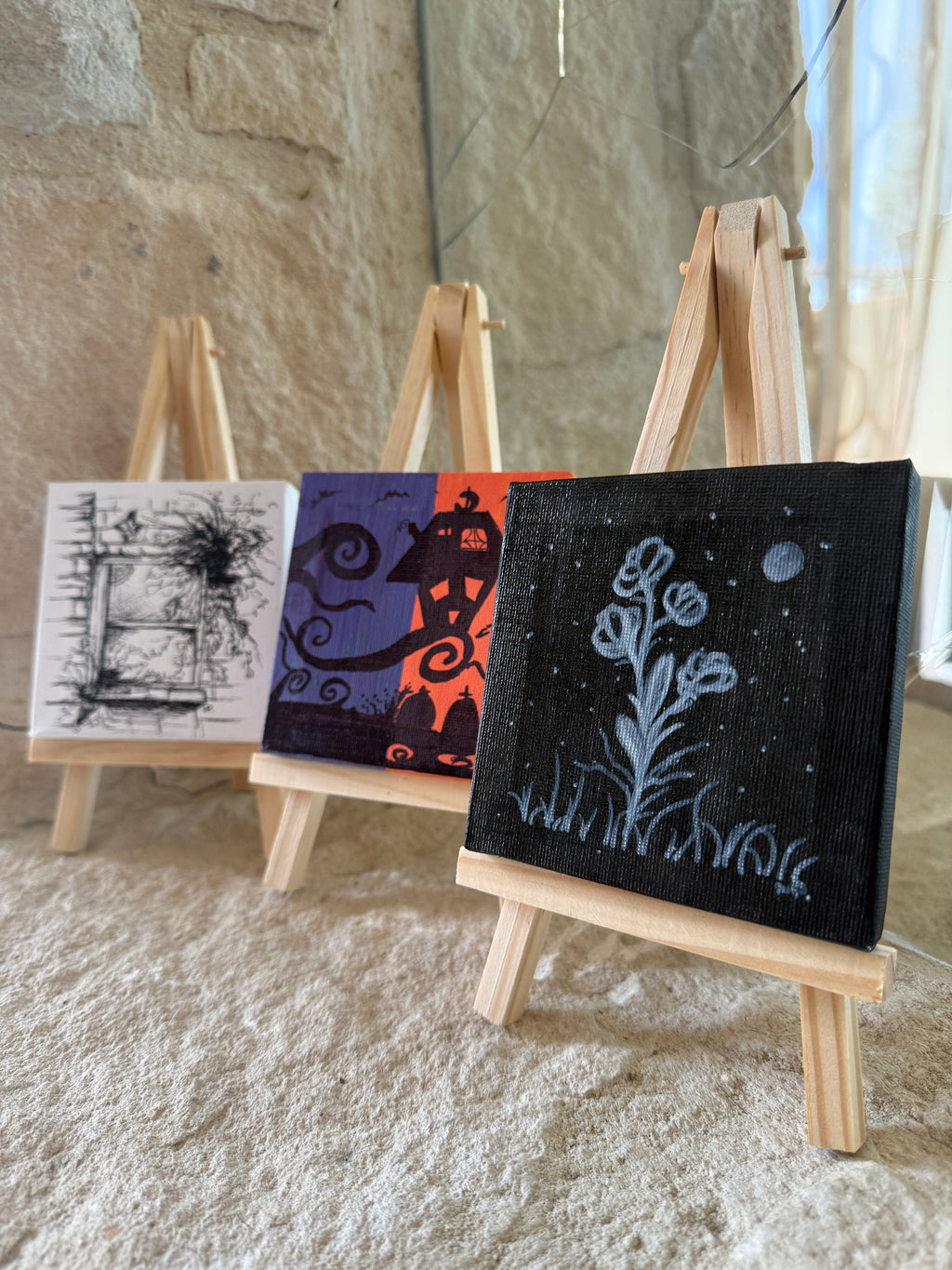 Witch’s Window | Original Mini Pen Painting – 10 × 10 cm Canvas with Wooden Easel (One-of-a-Kind Artwork)