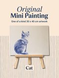Cat | Original Mini Pen Painting – 30 x 40 cm Canvas with Wooden Easel (One-of-a-Kind Artwork)