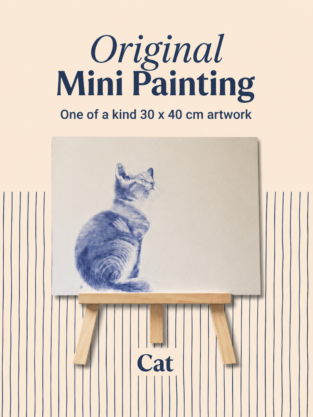 Cat | Original Mini Pen Painting – 30 x 40 cm Canvas with Wooden Easel (One-of-a-Kind Artwork)