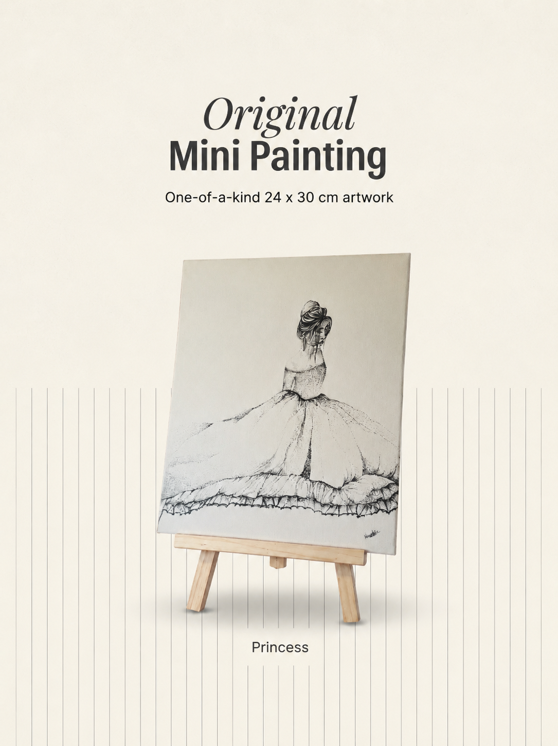 Princess | Original Mini Pen Painting – 24 x 30 cm Canvas with Wooden Easel (One-of-a-Kind Artwork)