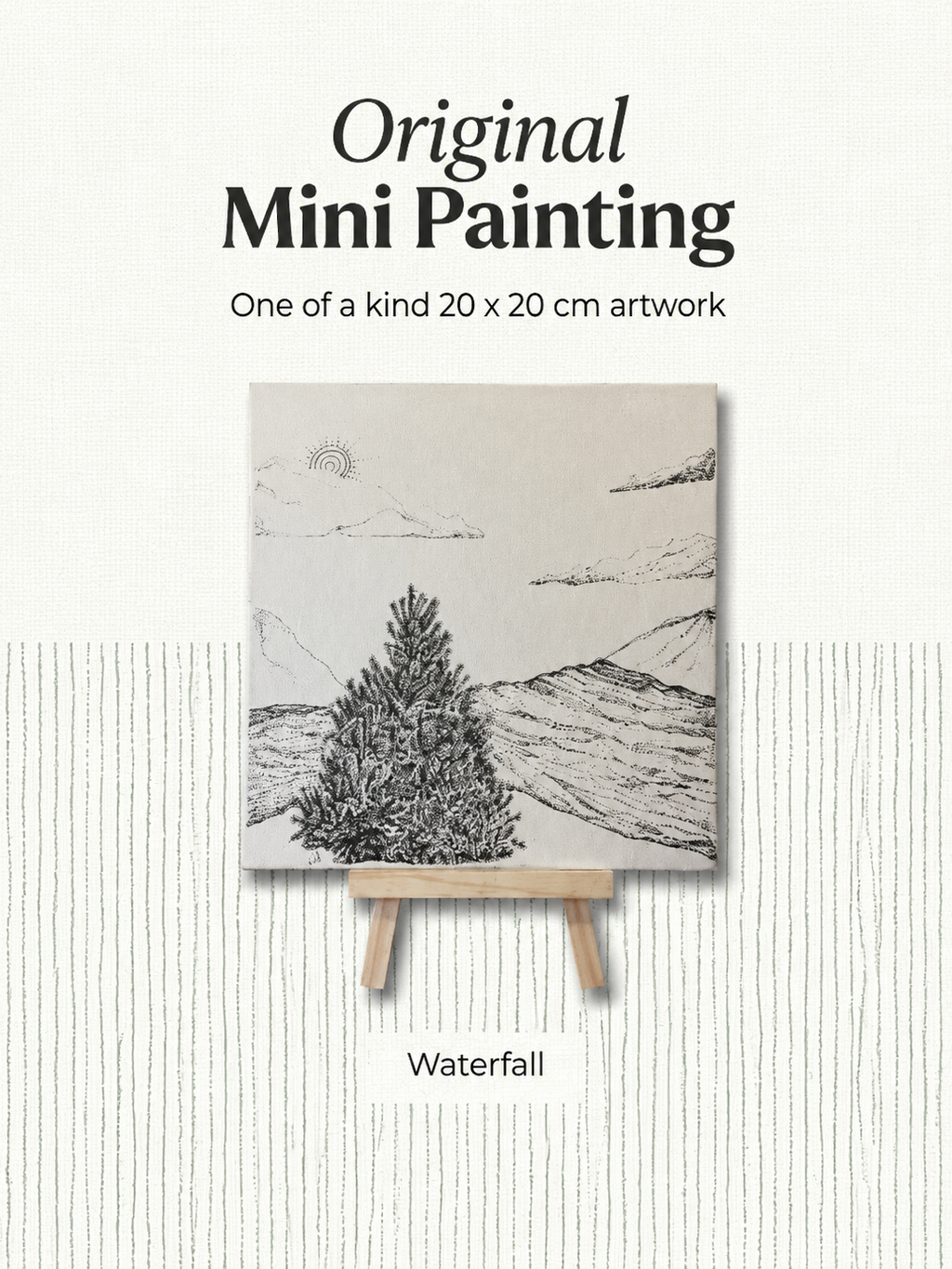 Waterfall | Original Mini Pen Painting – 20 x 20 cm Canvas with Wooden Easel (One-of-a-Kind Artwork)