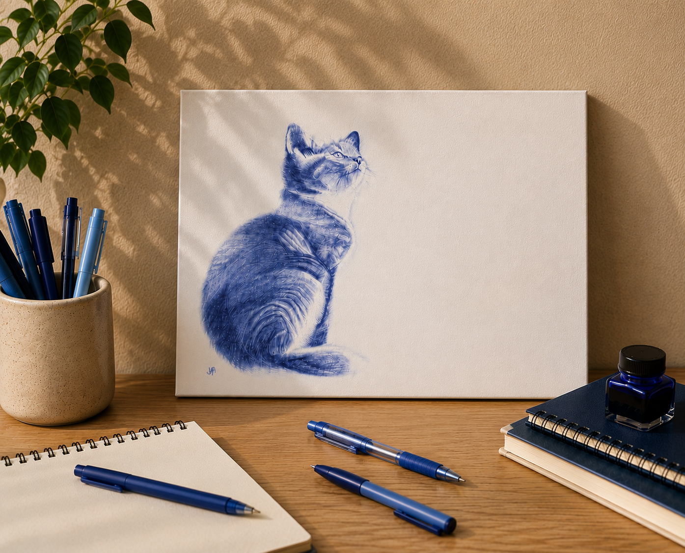 Cat | Original Mini Pen Painting – 30 x 40 cm Canvas with Wooden Easel (One-of-a-Kind Artwork)