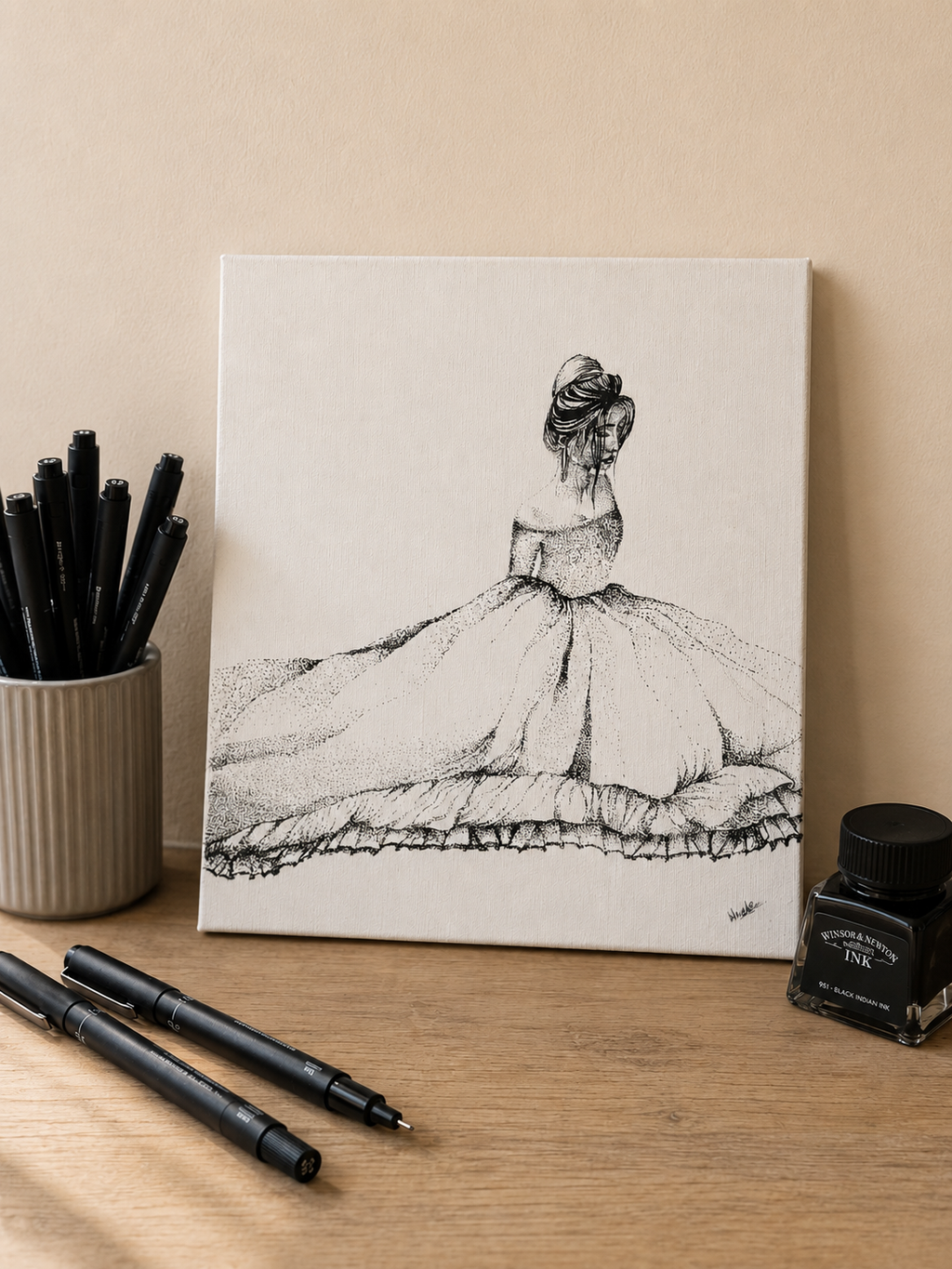 Princess | Original Mini Pen Painting – 24 x 30 cm Canvas with Wooden Easel (One-of-a-Kind Artwork)