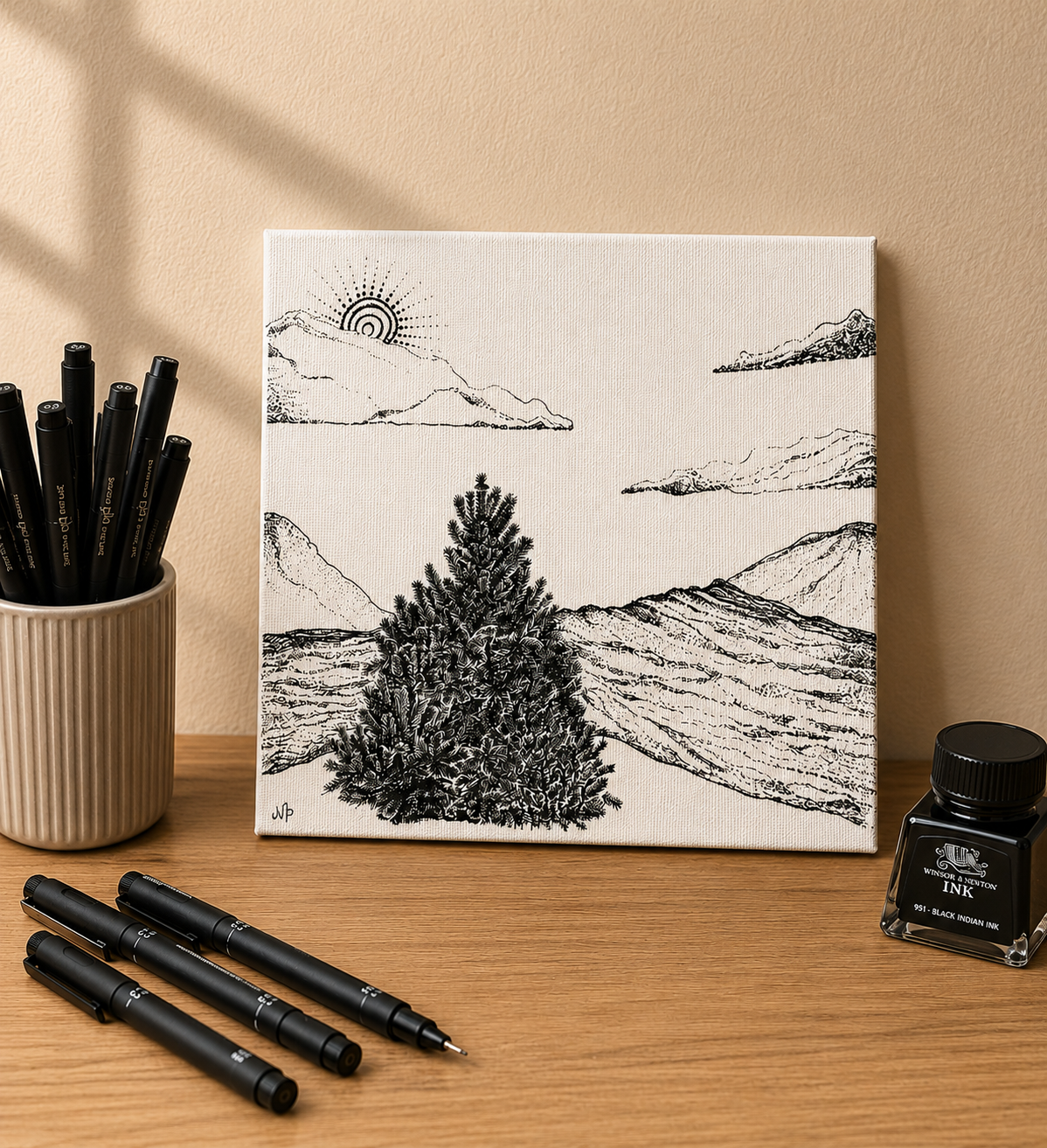 Waterfall | Original Mini Pen Painting – 20 x 20 cm Canvas with Wooden Easel (One-of-a-Kind Artwork)