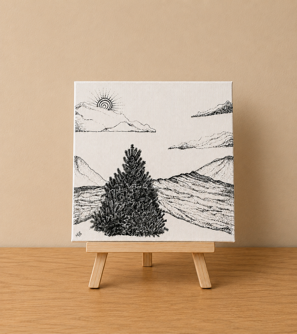 Waterfall | Original Mini Pen Painting – 20 x 20 cm Canvas with Wooden Easel (One-of-a-Kind Artwork)