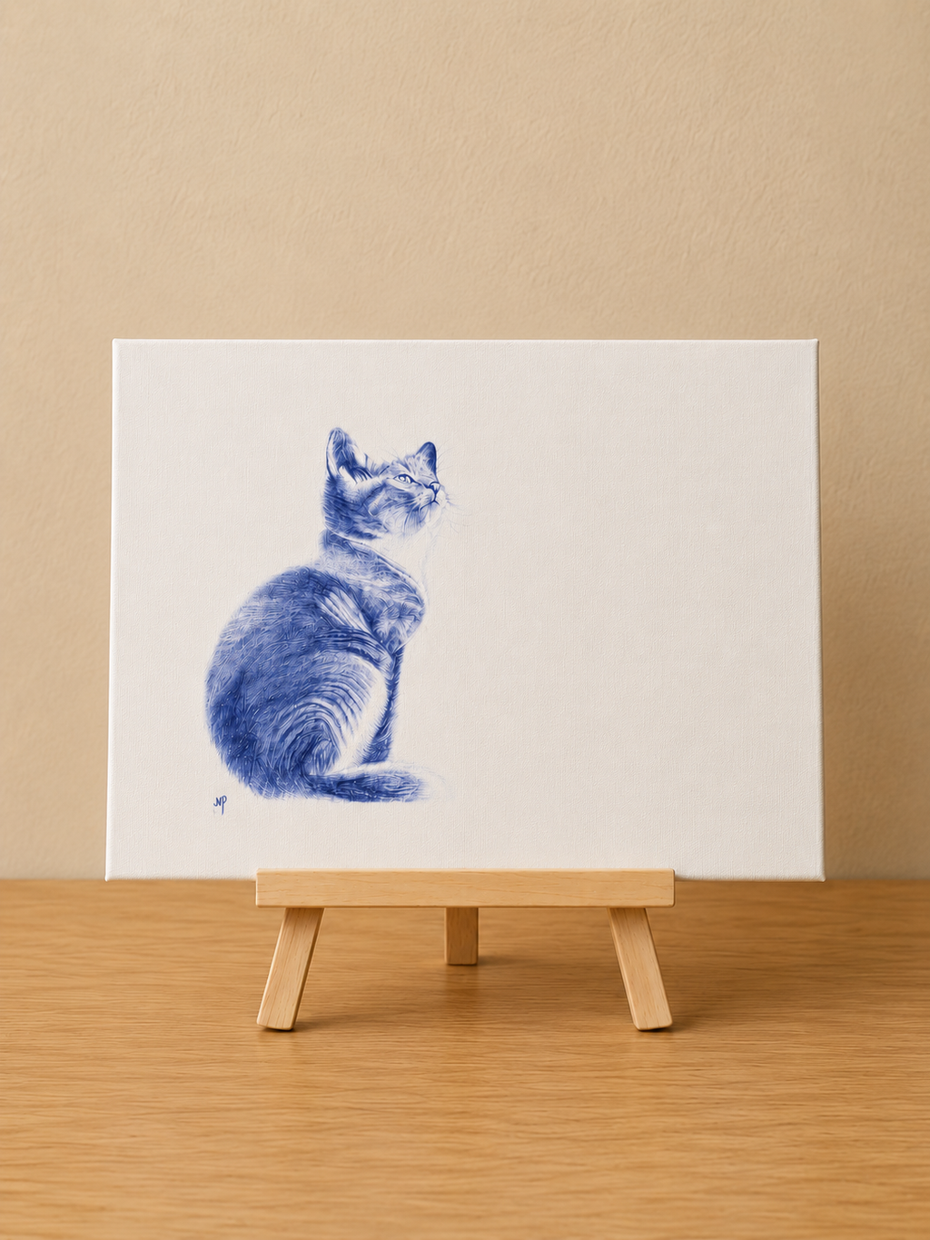 Cat | Original Mini Pen Painting – 30 x 40 cm Canvas with Wooden Easel (One-of-a-Kind Artwork)