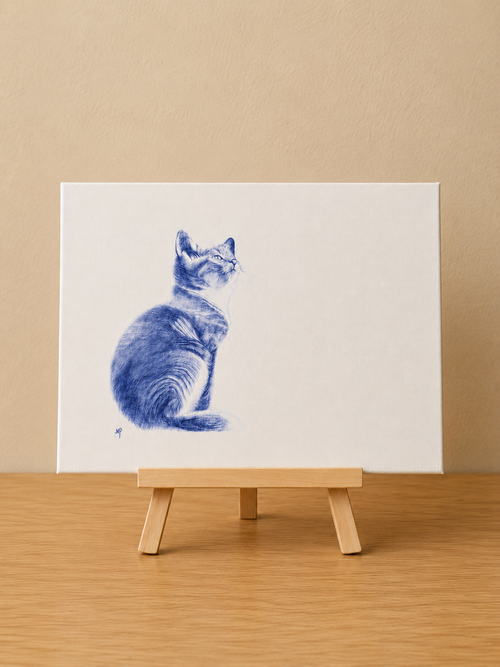 Cat | Original Mini Pen Painting – 30 x 40 cm Canvas with Wooden Easel (One-of-a-Kind Artwork)