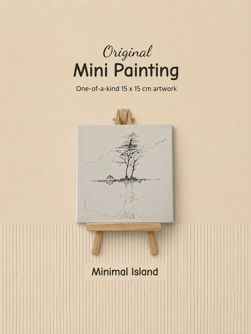 Minimal Island | Original Mini Pen Painting – 15 × 15 cm Canvas with Wooden Easel (One-of-a-Kind Artwork)