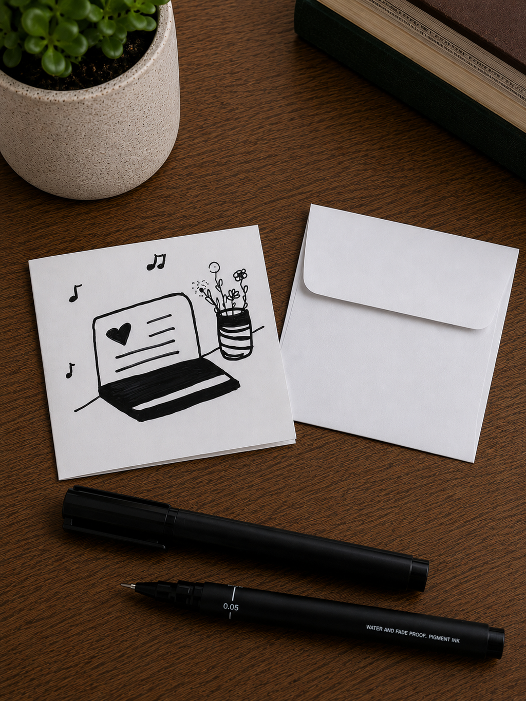 Cute Computer With Flowers | Small Handmade Greeting Card – Original Illustrated Card