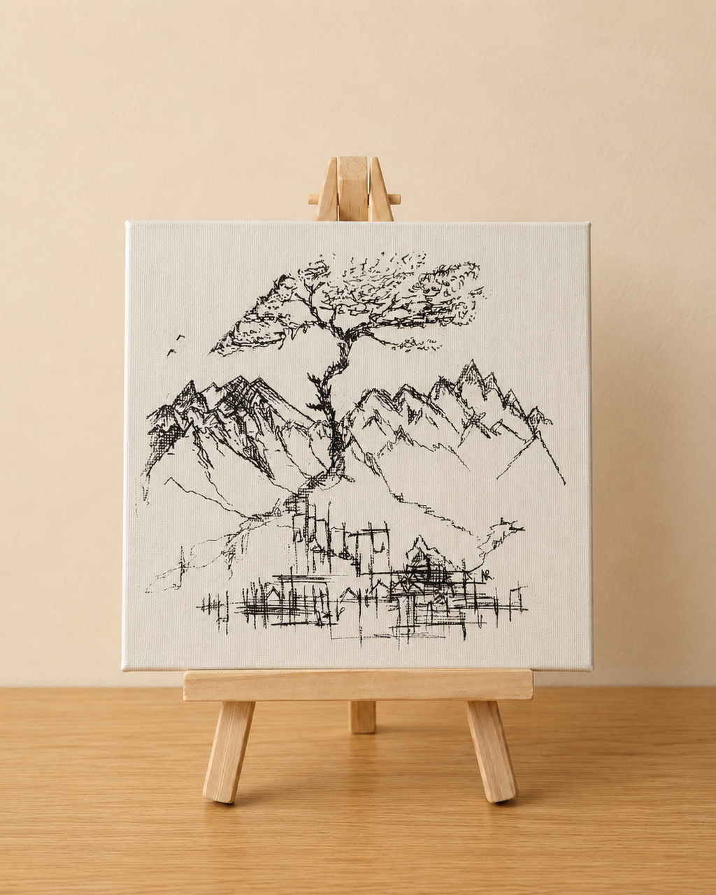 Sakura Tree | Original Mini Pen Painting – 15 × 15 cm Canvas with Wooden Easel (One-of-a-Kind Artwork)
