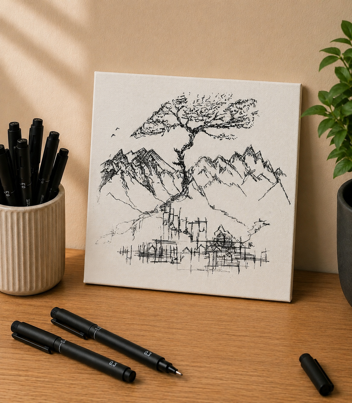 Sakura Tree | Original Mini Pen Painting – 15 × 15 cm Canvas with Wooden Easel (One-of-a-Kind Artwork)