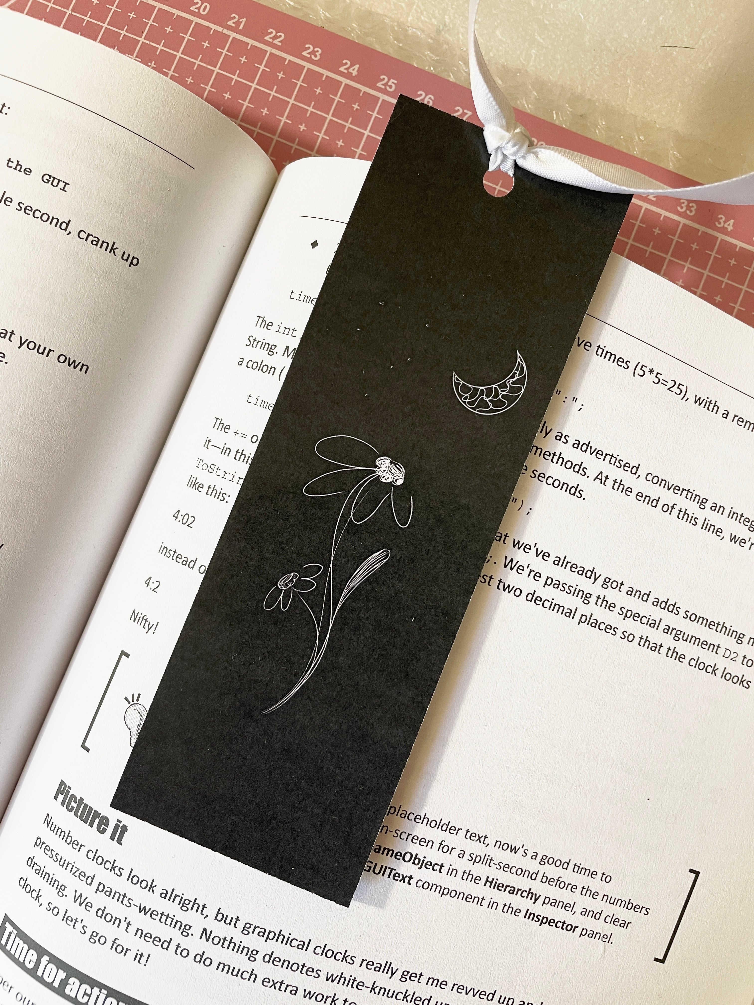 Flower and Moon Bookmark with Ribbon