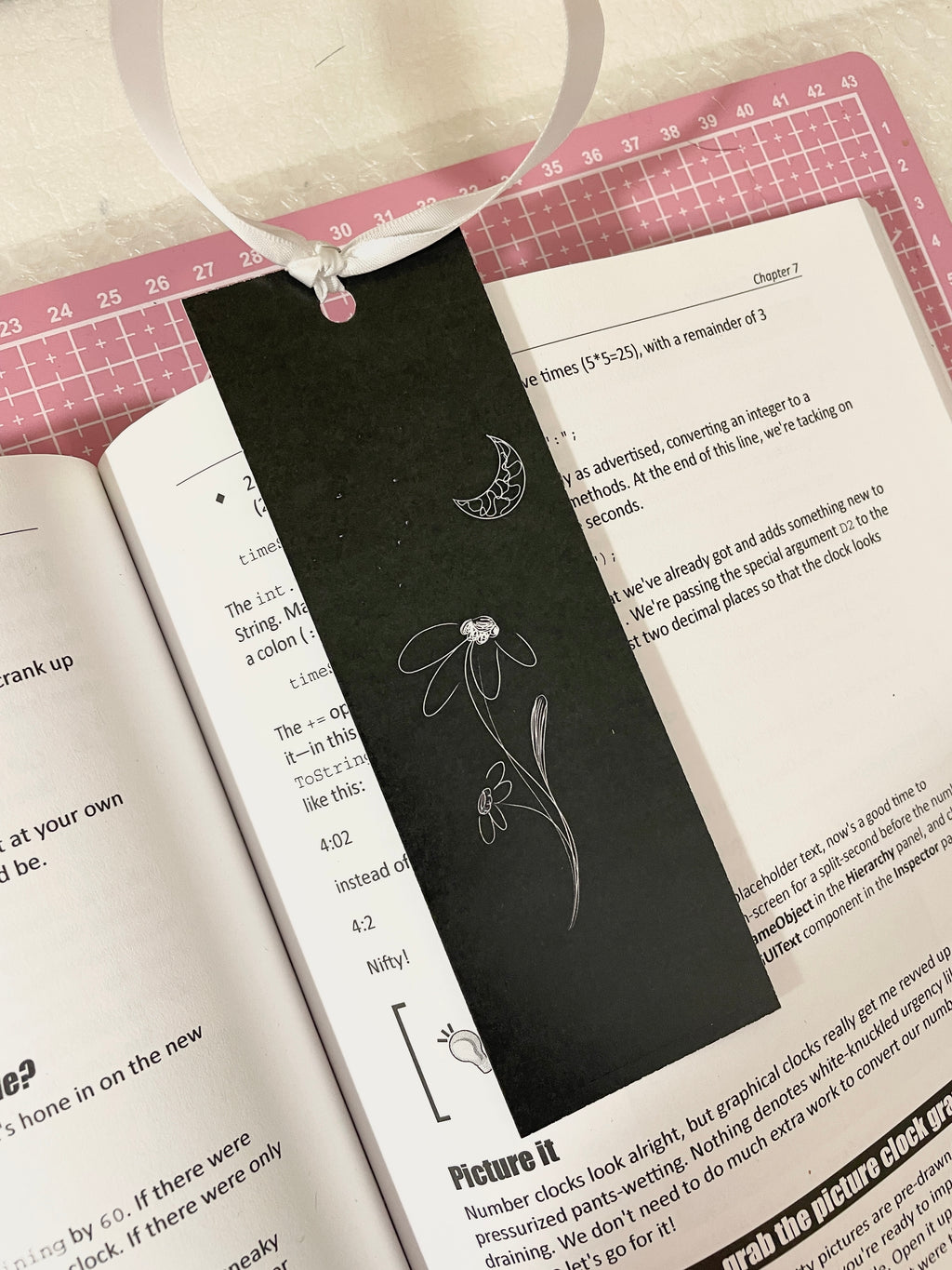 Flower and Moon Bookmark with Ribbon