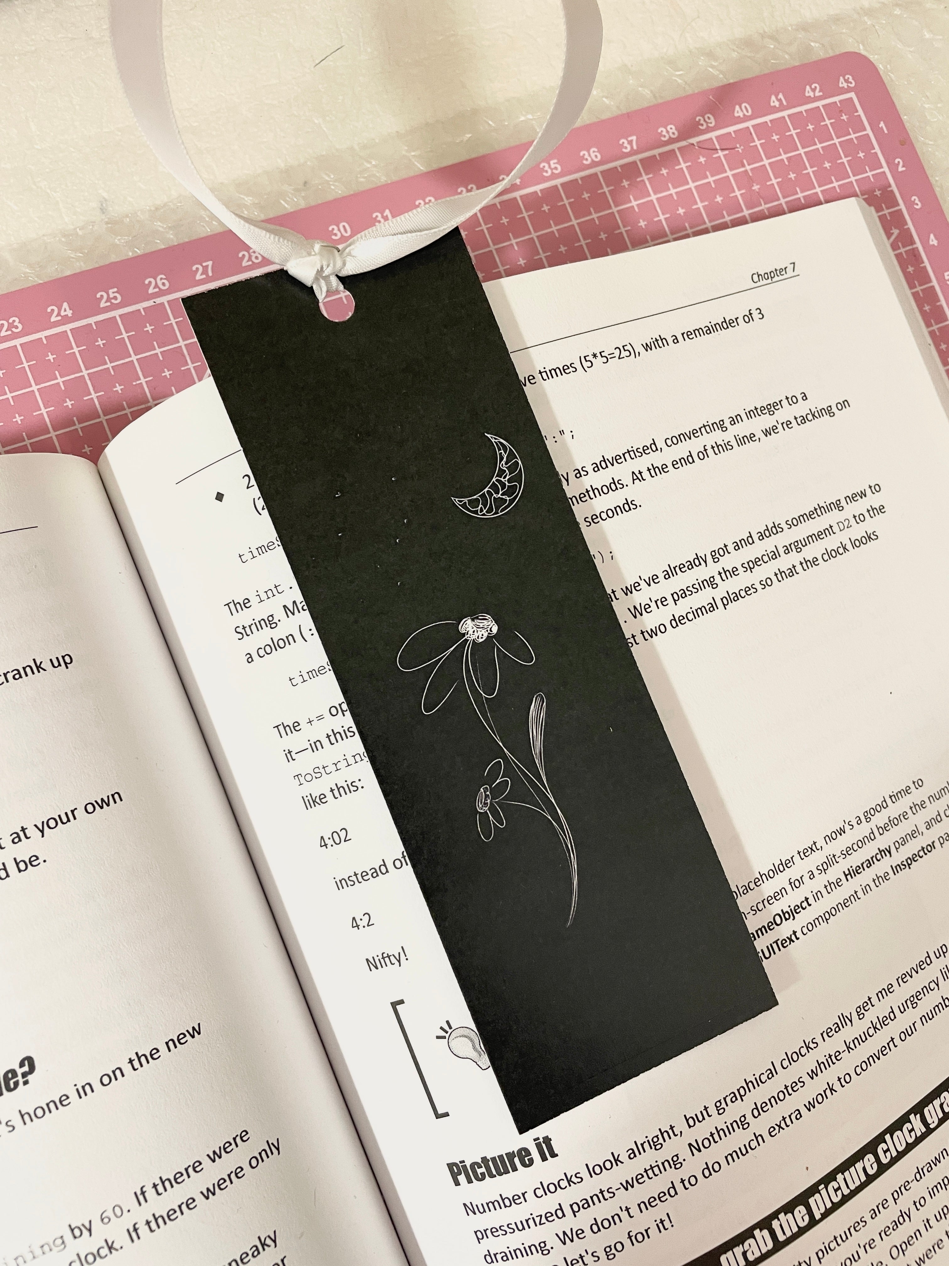 Flower and Moon Bookmark with Ribbon
