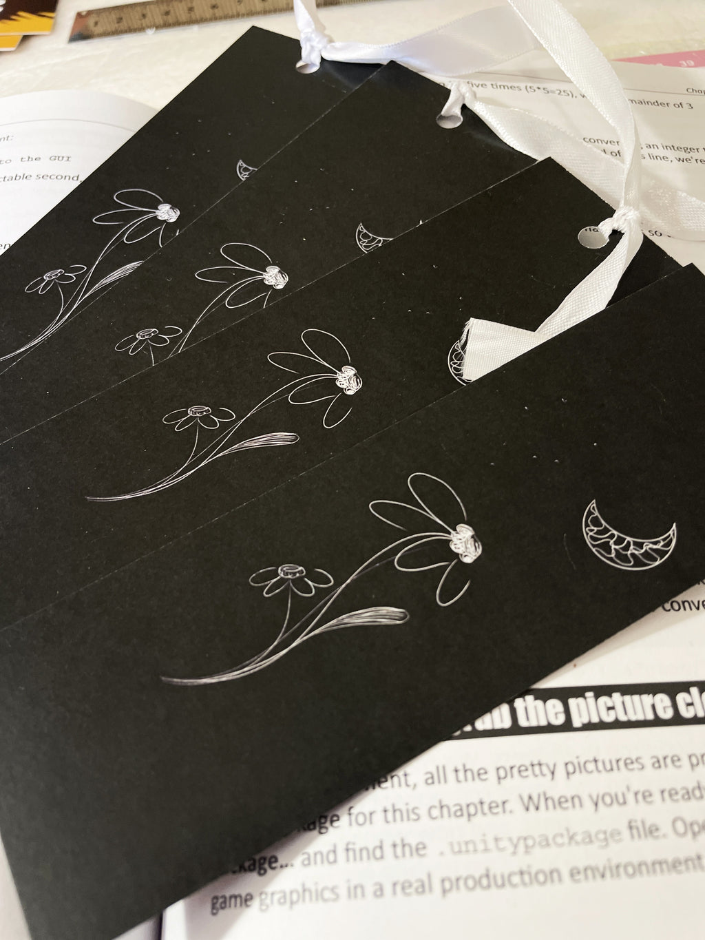 Flower and Moon Bookmark with Ribbon